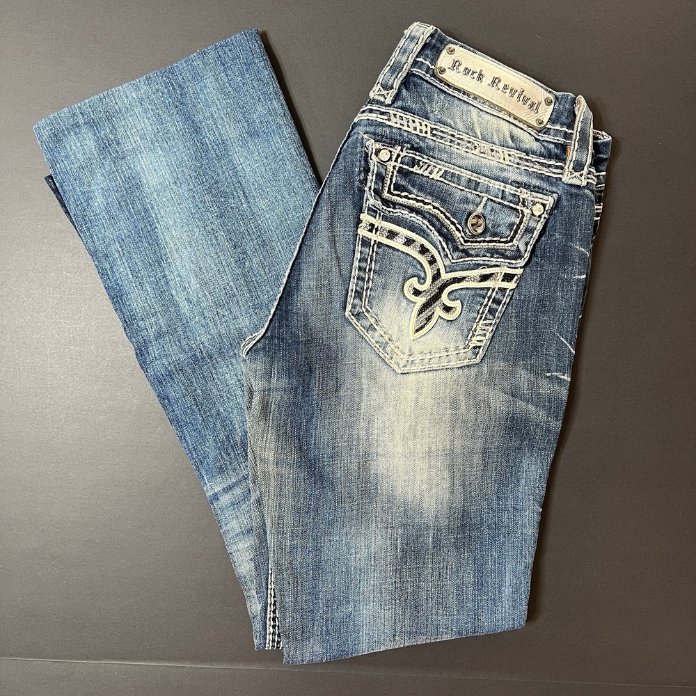 Rock Revival Jeans Kai Boot Blue Women's 28 Rhinestone Low Stretch Western